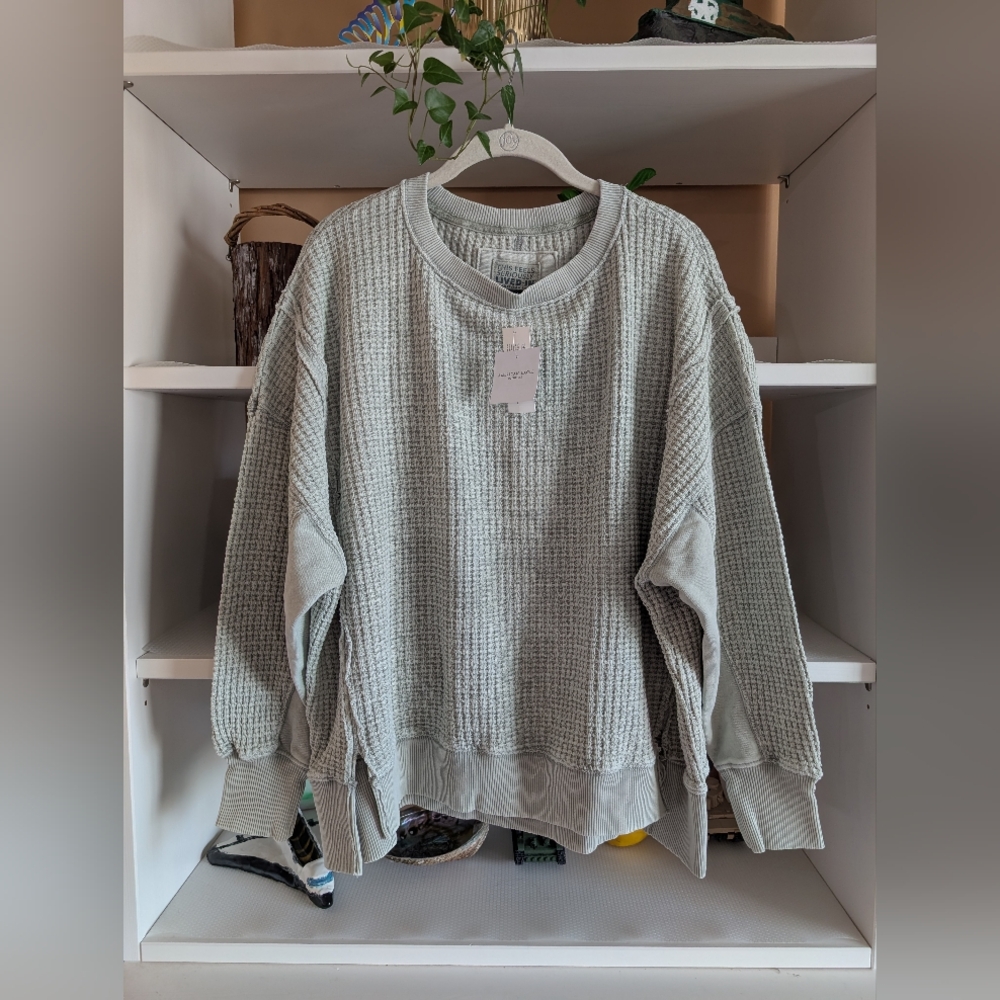 American Eagle Waffle Knit Pullover Sweatshirt in Light Sage